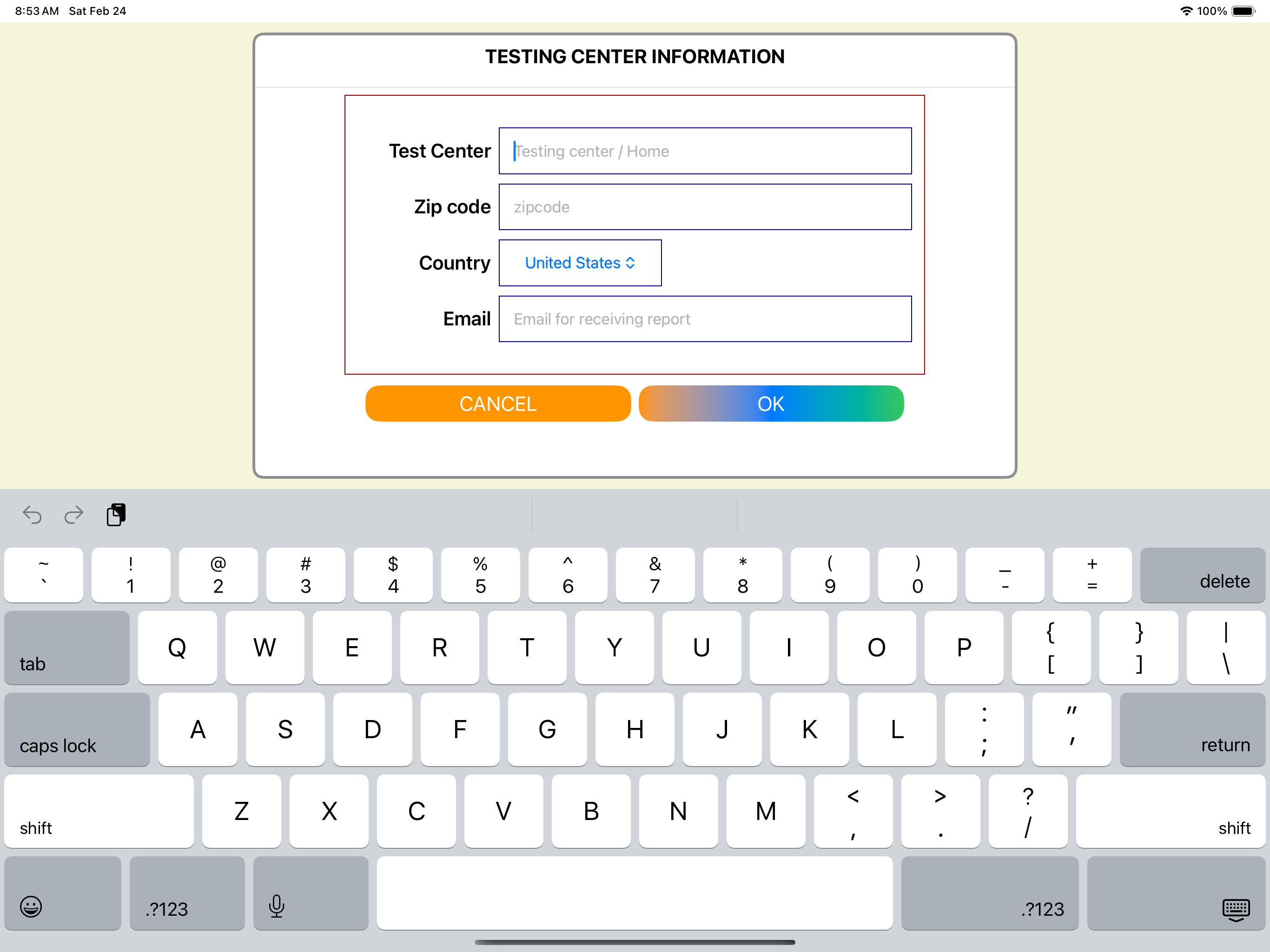 Form to fill in test center information.