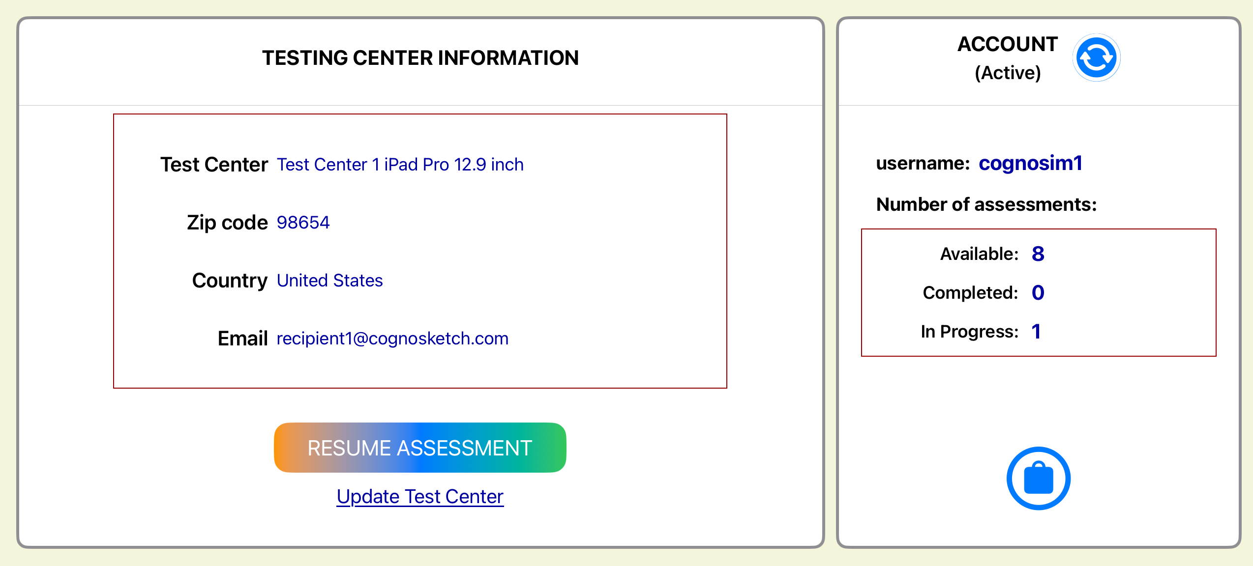 Main screen when assessment is in progress.