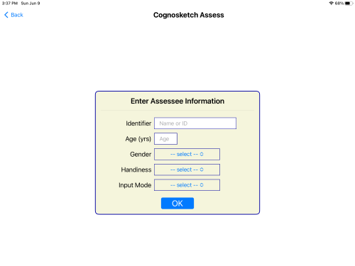 Enter participant information when starting a new assessment session. This includes an identifier, age, gender, handiness and input mode.