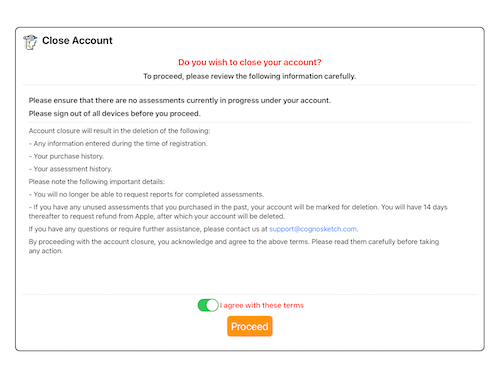 Terms of account closure with the option to accept.