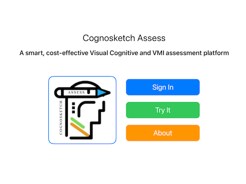 Cognosketch Assess initial app screen containing three buttons and the logo. The three buttons are a blue "sign in" button a green "try it" button and an orange "about" button.