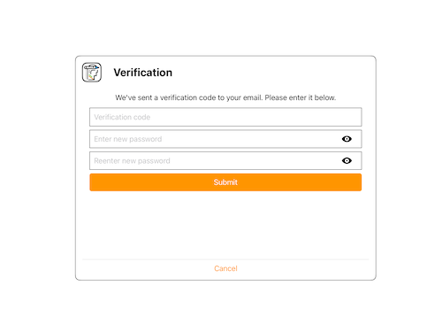 Enter the verification code sent to the corresponding email address and confirm new password by entering it twice.