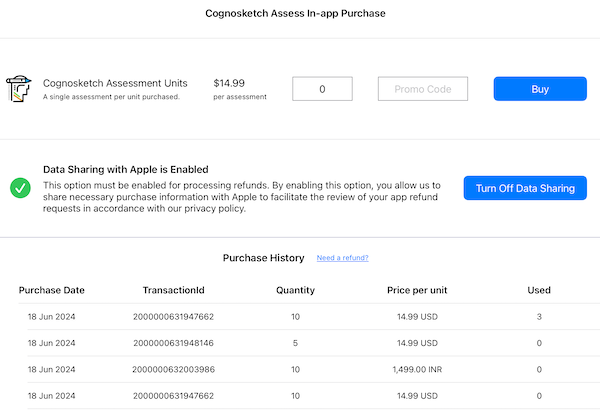 Cognosketch Assess In-app Purchase Screen. Purchase assessment units, control data sharing with apple, and view purchase history.