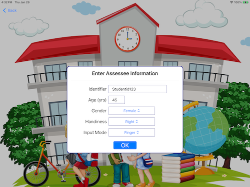 Enter participant information when starting a new assessment session. This includes an identifier, age, gender, handiness and input mode.