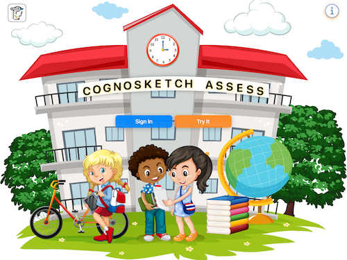 Cognosketch Assess initial app screen containing a background graphic of a school with two buttons, a logo, and an info button.